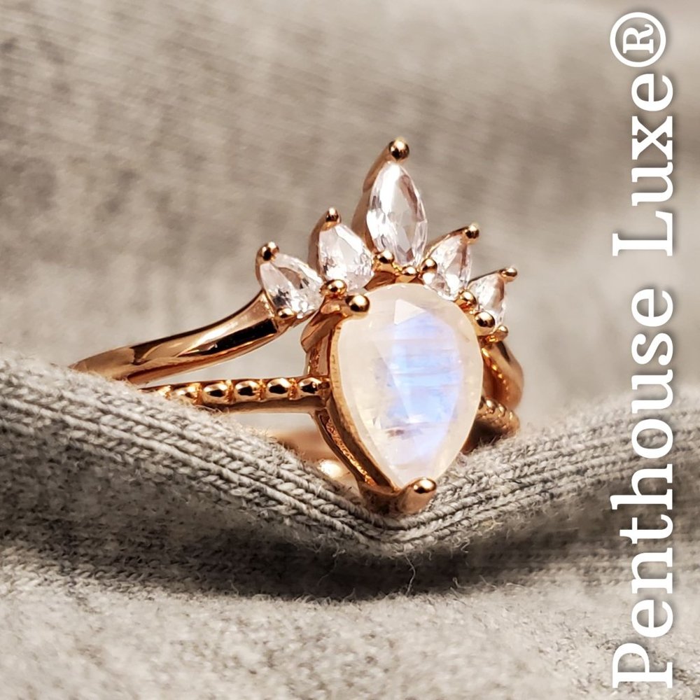 REAL Moonstone White Topaz Ring Set - Picture 1 of 7